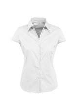 Ladies Metro Cap Sleeve Shirt in White, Size 20, featuring cuffed sleeves, open neckline, and stylish curved hemline.