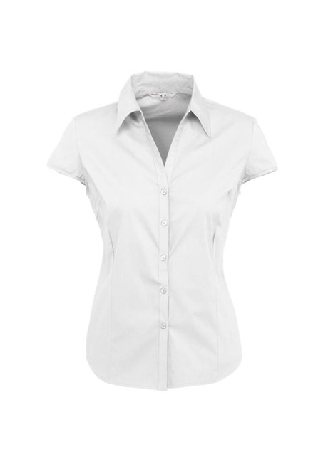 Ladies Metro Cap Sleeve Shirt in White, Size 20, featuring cuffed sleeves, open neckline, and stylish curved hemline.