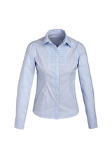 Ladies Berlin Long Sleeve Shirt in blue stripe, size 22, featuring stretch fabric and concealed button placket for style and comfort.