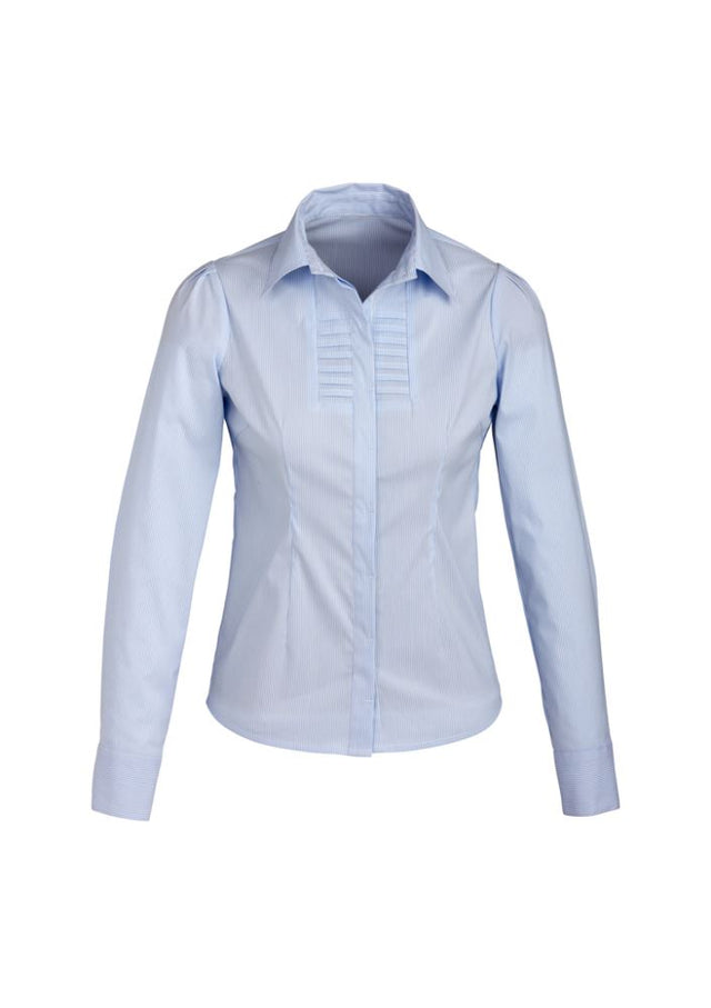 Ladies Berlin Long Sleeve Shirt in blue stripe, size 22, featuring stretch fabric and concealed button placket for style and comfort.