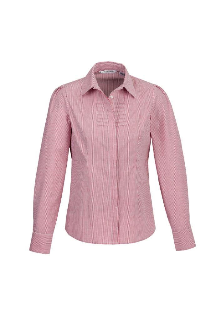 Ladies Berlin long sleeve shirt in cherry, size 8, featuring stretchy, wrinkle-free fabric and stylish yarn-dyed stripes.