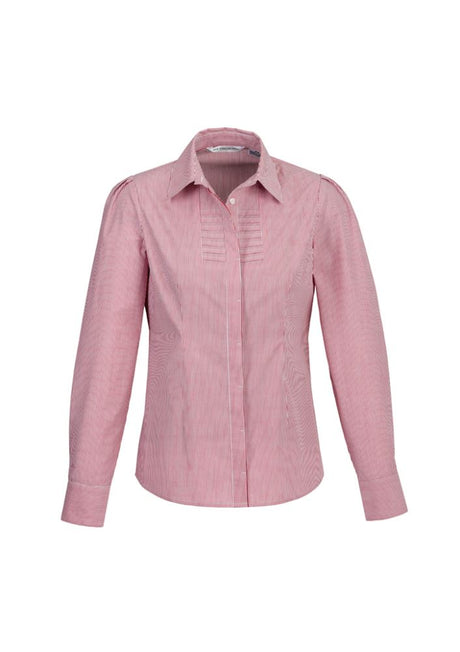 Ladies Berlin long sleeve shirt in cherry, size 8, featuring stretchy, wrinkle-free fabric and stylish yarn-dyed stripes.