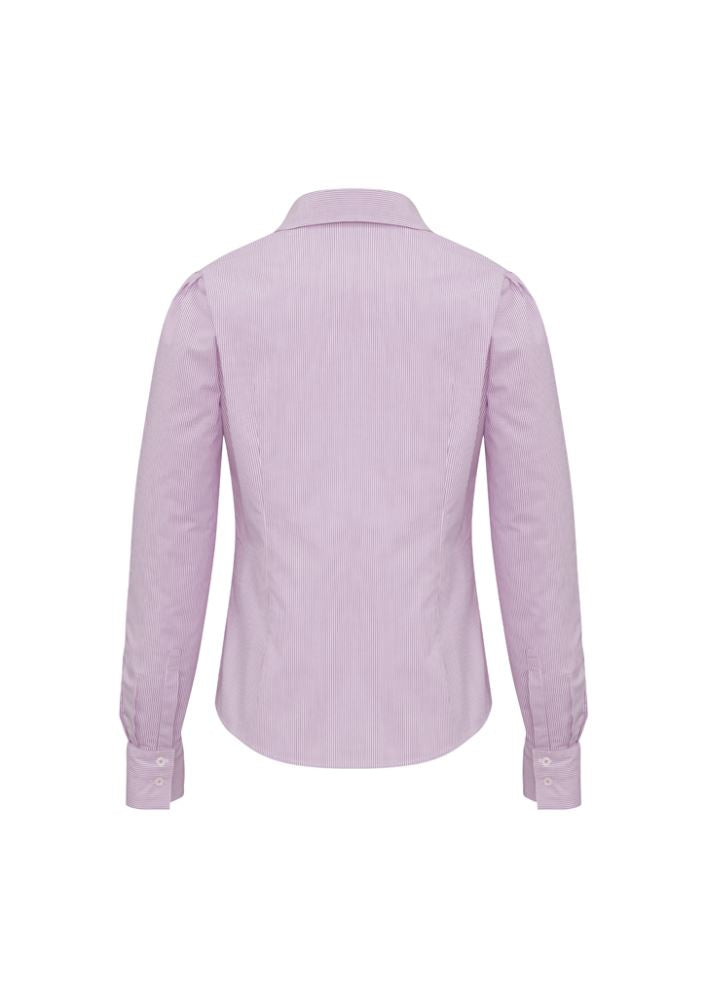 Ladies Berlin Long Sleeve Shirt in Grape Stripe, size 26, featuring stylish pleats and easy-care wrinkle-free fabric.