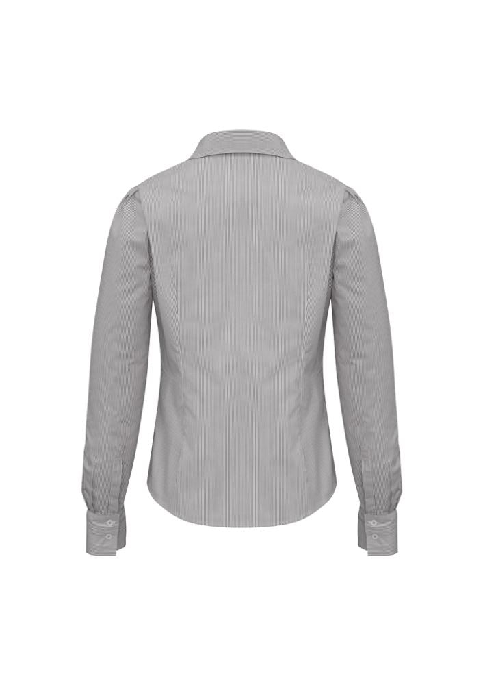 Ladies Berlin Long Sleeve Shirt in Graphite Stripe, Size 18; features shoulder pleats and concealed button placket for style and comfort.