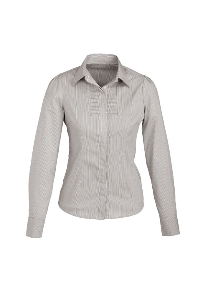 Ladies Berlin Long Sleeve Shirt in Graphite Stripe features a flattering fit, concealed buttons, and stretch fabric for comfort.