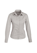 Ladies Berlin Long Sleeve Shirt in Graphite Stripe features a flattering fit, concealed buttons, and stretch fabric for comfort.