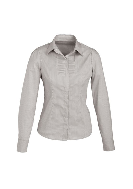 Ladies Berlin Long Sleeve Shirt in Graphite Stripe features a flattering fit, concealed buttons, and stretch fabric for comfort.