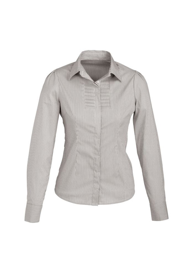 Ladies Berlin Long Sleeve Shirt in Graphite Stripe features a flattering fit, concealed buttons, and stretch fabric for comfort.