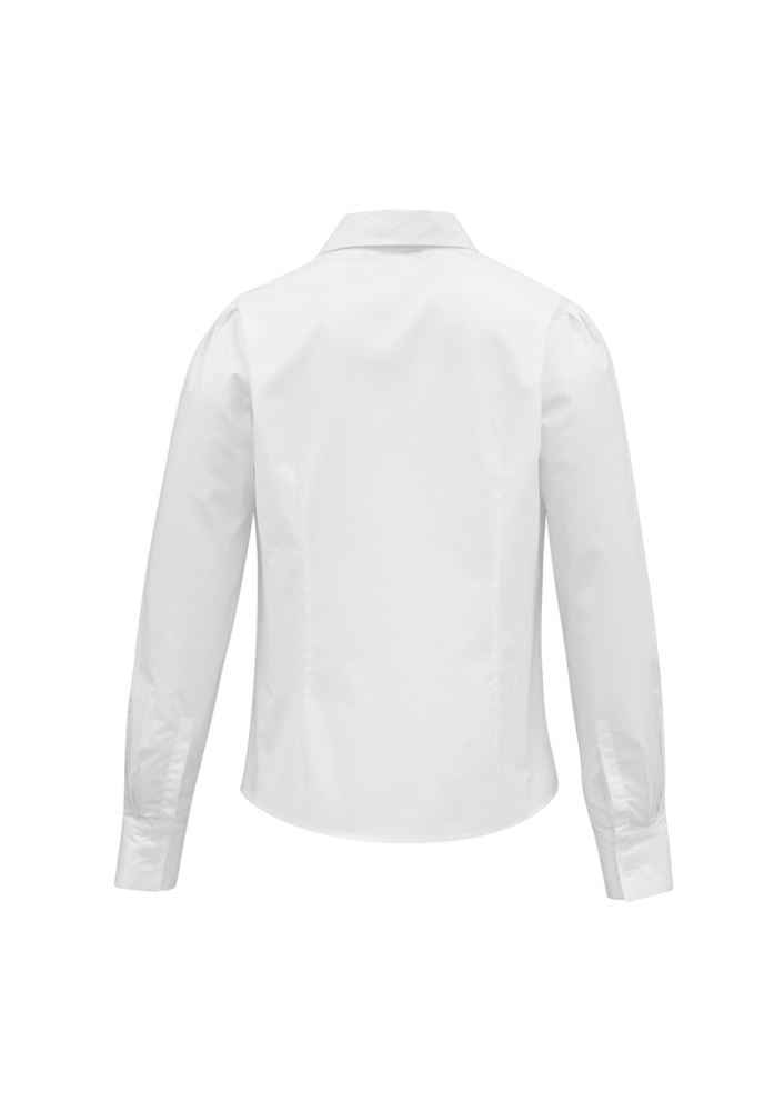 Ladies Berlin Long Sleeve Shirt in white, Size 6; features yarn-dyed stripes, shoulder pleats, and concealed button placket.