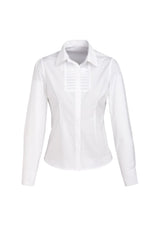 Ladies Berlin Long Sleeve Shirt in white, size 6, featuring yarn-dyed stripes, easy iron fabric, and tailored fit for elegance.