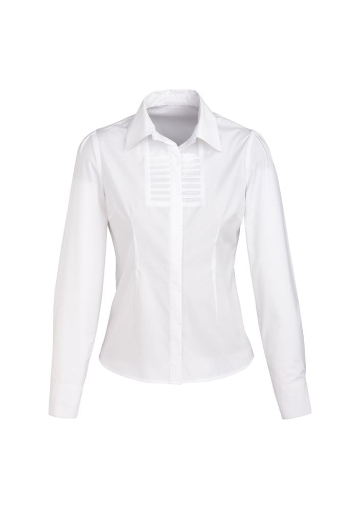 Ladies Berlin Long Sleeve Shirt in white, size 26; chic yarn-dyed stripes, comfortable stretch, concealed button placket.
