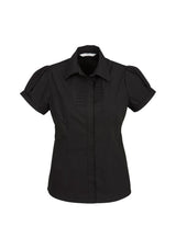 Ladies Berlin Short Sleeve Shirt in black, Size 6, featuring a stretchy fit, yarn-dyed stripes, and concealed button placket.