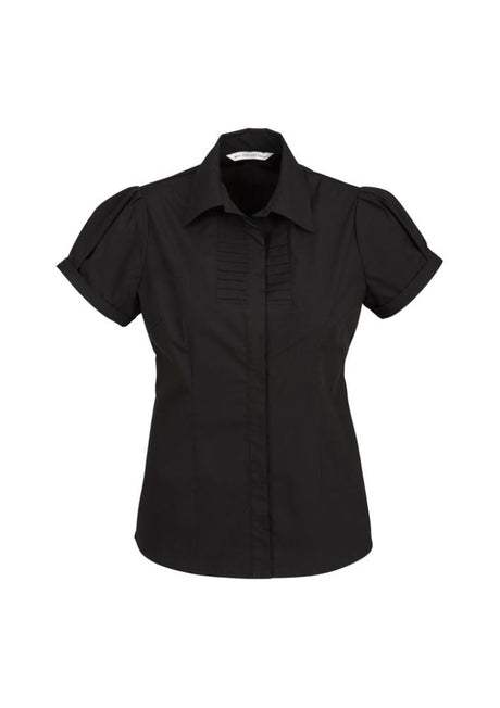 Ladies Berlin Short Sleeve Shirt in black, Size 6, featuring a stretchy fit, yarn-dyed stripes, and concealed button placket.