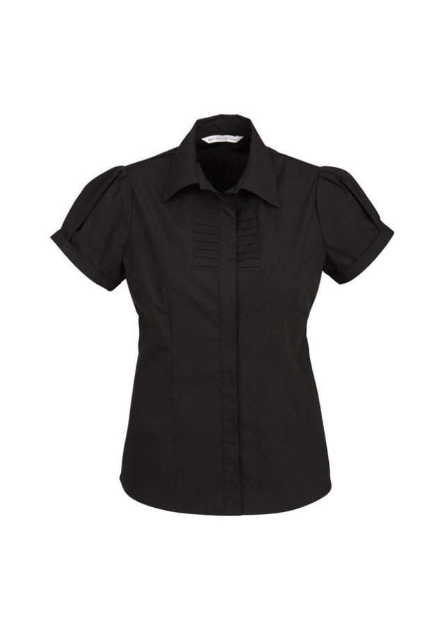 Ladies Berlin Short Sleeve Shirt in black, Size 6, featuring a stretchy fit, yarn-dyed stripes, and concealed button placket.