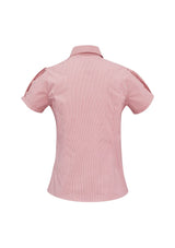 Ladies Berlin Short Sleeve Shirt in vibrant cherry red, size 16, featuring yarn-dyed stripes and a sleek concealed button placket.