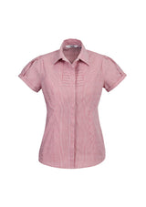 Vibrant cherry ladies' short sleeve shirt with shoulder pleats, concealed button placket, and easy-iron fabric, size 10.