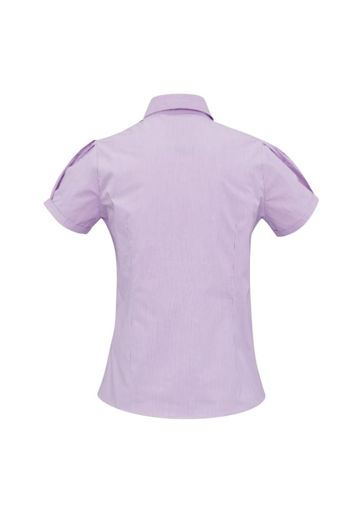 Ladies Berlin Short Sleeve Shirt in Grape Stripe, Size 6, featuring a modern fit with shoulder pleats and concealed buttons.