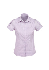 Ladies Berlin Short Sleeve Shirt in Grape Stripe, Size 18, featuring yarn-dyed stripes and easy-iron fabric for a chic look.