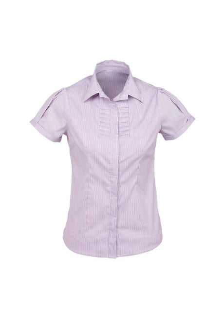 Ladies Berlin Short Sleeve Shirt in Grape Stripe, Size 18, featuring yarn-dyed stripes and easy-iron fabric for a chic look.