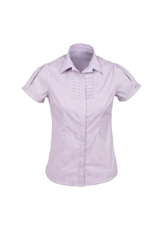 Ladies Berlin Short Sleeve Shirt in Grape Stripe, Size 18, featuring yarn-dyed stripes and easy-iron fabric for a chic look.