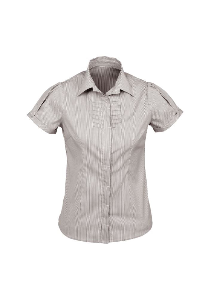 Ladies Graphite Stripe Short Sleeve Shirt, Size 12, featuring soft stretch fabric, concealed buttons, and a timeless design.