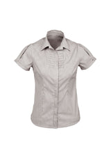 Ladies Graphite Stripe Short Sleeve Shirt, Size 12, featuring soft stretch fabric, concealed buttons, and a timeless design.