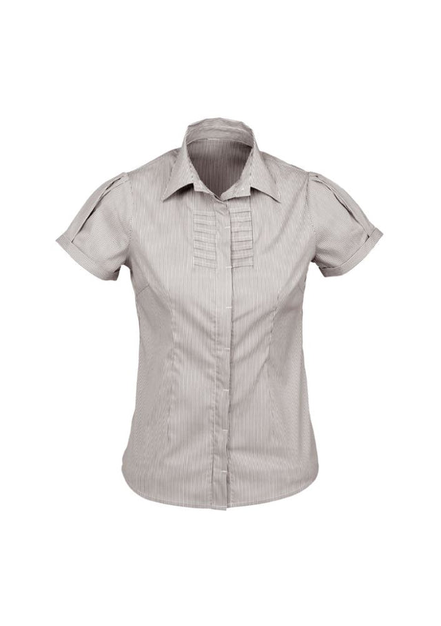 Ladies Graphite Stripe Short Sleeve Shirt, Size 12, featuring soft stretch fabric, concealed buttons, and a timeless design.