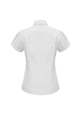 Ladies Berlin Short Sleeve Shirt in white, size 20, featuring yarn dyed stripes, concealed buttons, and a comfortable fit.