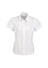 Ladies Berlin Short Sleeve Shirt in white, Size 12, features soft stretch fabric, yarn-dyed stripe, and wrinkle-free finish.