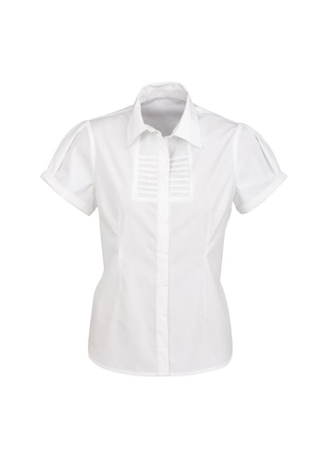 Ladies Berlin Short Sleeve Shirt in white, Size 12, features soft stretch fabric, yarn-dyed stripe, and wrinkle-free finish.