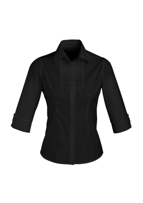 Ladies Berlin 3/4 sleeve black shirt, size 10, featuring shoulder pleats, tailored darts, and a concealed button placket.