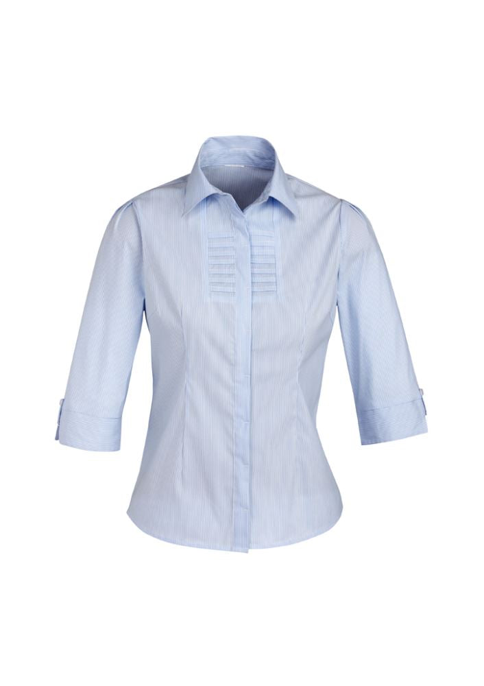 Ladies Berlin 3/4 Sleeve Shirt in blue stripe, size 8, featuring easy iron, wrinkle-free fabric and stylish shoulder pleats.