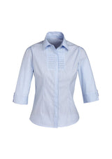 Ladies Berlin 3/4 Sleeve Shirt in blue stripe, size 8, featuring easy iron, wrinkle-free fabric and stylish shoulder pleats.