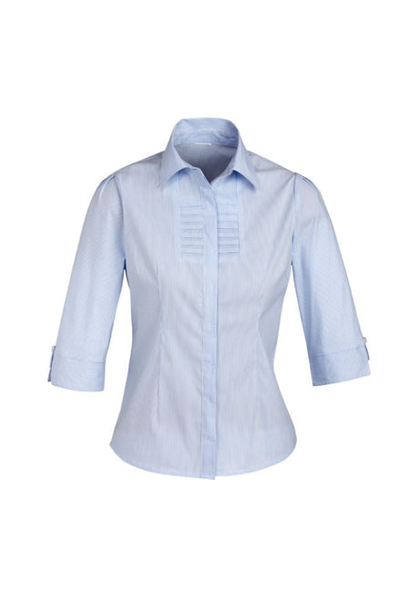 Ladies Berlin 3/4 Sleeve Shirt in blue stripe, size 8, featuring easy iron, wrinkle-free fabric and stylish shoulder pleats.