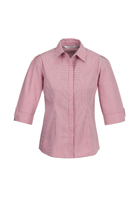 Cherry-colored Ladies Berlin 3/4 Sleeve Shirt with yarn-dyed stripes, featuring a sleek fit and wrinkle-free fabric. Size 10.