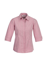 Ladies Berlin 3/4 Sleeve Shirt in cherry, size 6, featuring yarn-dyed stripes, easy-iron fabric, and a flattering fit.