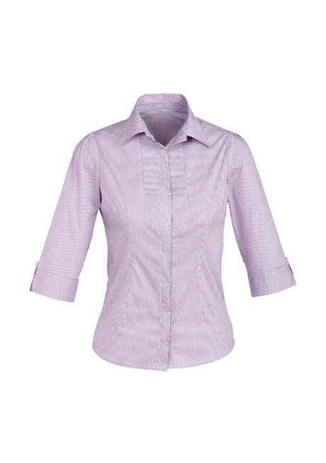 Grape stripe Ladies Berlin shirt with 3/4 sleeves, featuring shoulder pleats and a concealed button placket, size 10.