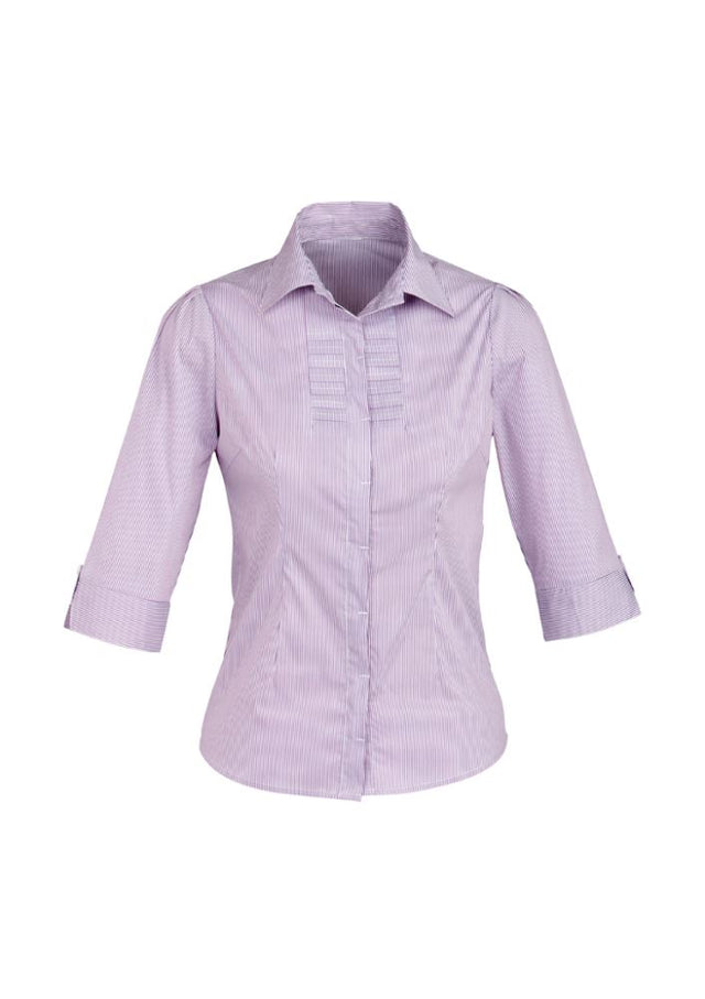 Grape stripe Ladies Berlin shirt with 3/4 sleeves, featuring shoulder pleats and a concealed button placket, size 10.