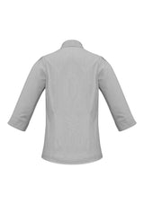 Graphite stripe 3/4 sleeve shirt for ladies, size 10, featuring shoulder pleats and a concealed button placket for a polished look.
