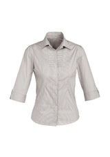 Graphite stripe 3/4 sleeve women's shirt, size 18, featuring wrinkle-free fabric and a concealed button placket for elegance.