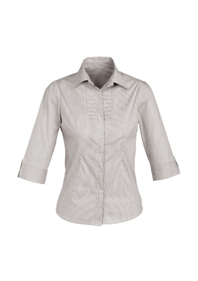 Graphite stripe 3/4 sleeve women's shirt, size 18, featuring wrinkle-free fabric and a concealed button placket for elegance.