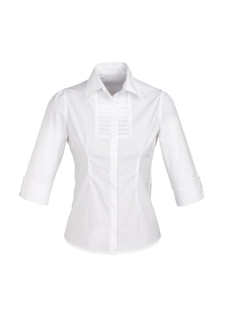 Elegant white 3/4 sleeve shirt in size 10, featuring shoulder pleats and a concealed button placket for a polished look.