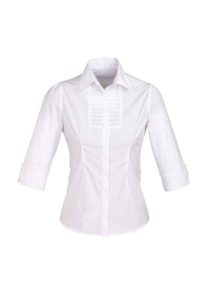 Ladies Berlin 3/4 Sleeve Shirt in white, size 18, featuring elegant pleats, darts, and a concealed button placket for a tailored fit.