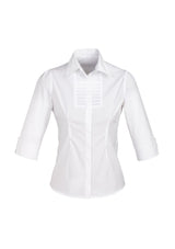 Ladies Berlin 3/4 Sleeve Shirt in white, size 18, featuring elegant pleats, darts, and a concealed button placket for a tailored fit.