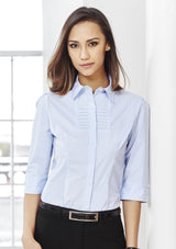 Ladies Berlin 3/4 Sleeve Shirt in Graphite Stripe, Size 18, featuring wrinkle-free fabric and concealed button placket for elegant style.
