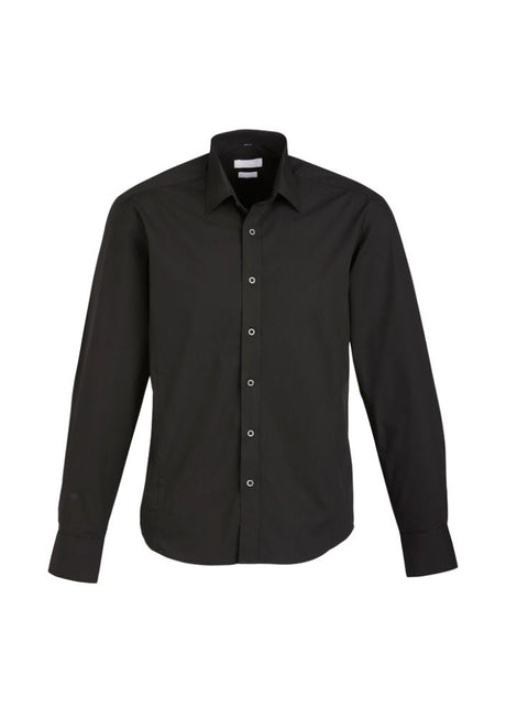 Men's Berlin Long Sleeve Shirt in black, size 2XL, featuring a tapered fit, wrinkle-free fabric, and adjustable cuffs.