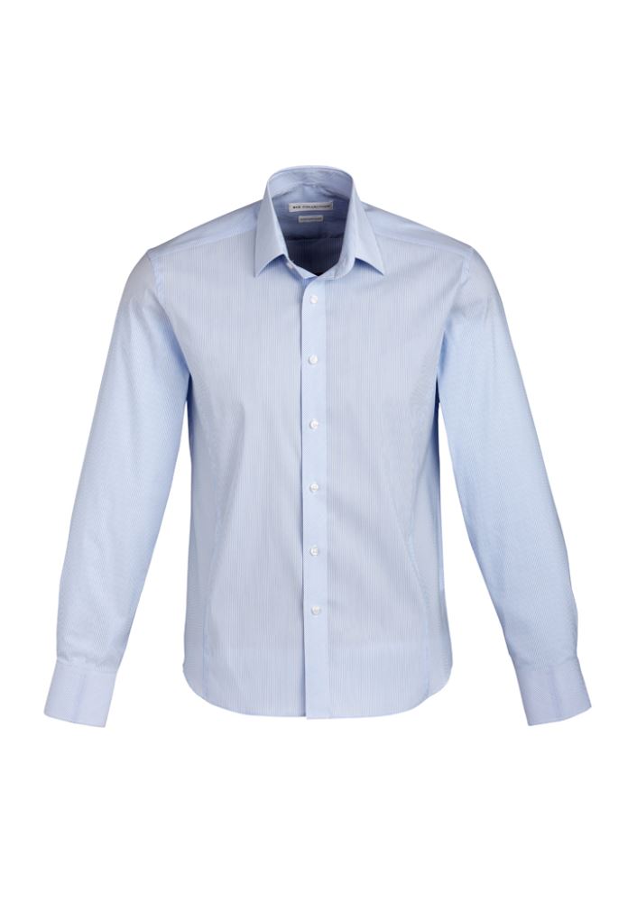 Men's Berlin Long Sleeve Shirt in blue stripe, size 3XL, featuring stretch fabric, curved hem, and adjustable cuffs for comfort and style.