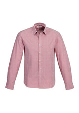 Men's Berlin Long Sleeve Shirt in Cherry, featuring a yarn-dyed stripe design, tapered fit, adjustable cuffs, and a loose pocket.