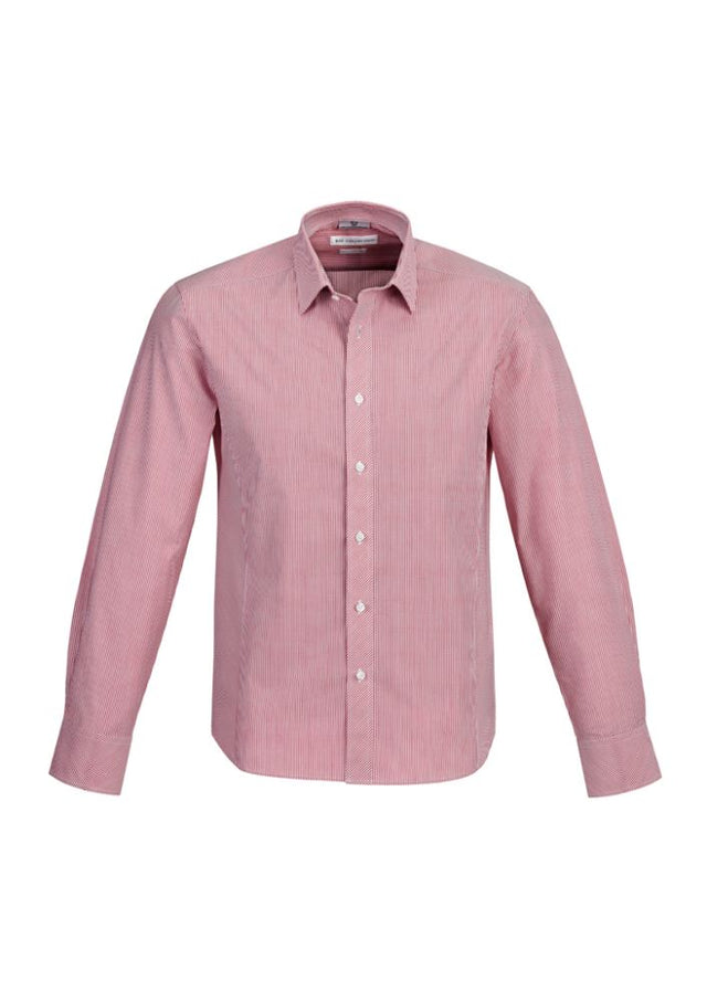 Men's Berlin Long Sleeve Shirt in Cherry, featuring a yarn-dyed stripe design, tapered fit, adjustable cuffs, and a loose pocket.