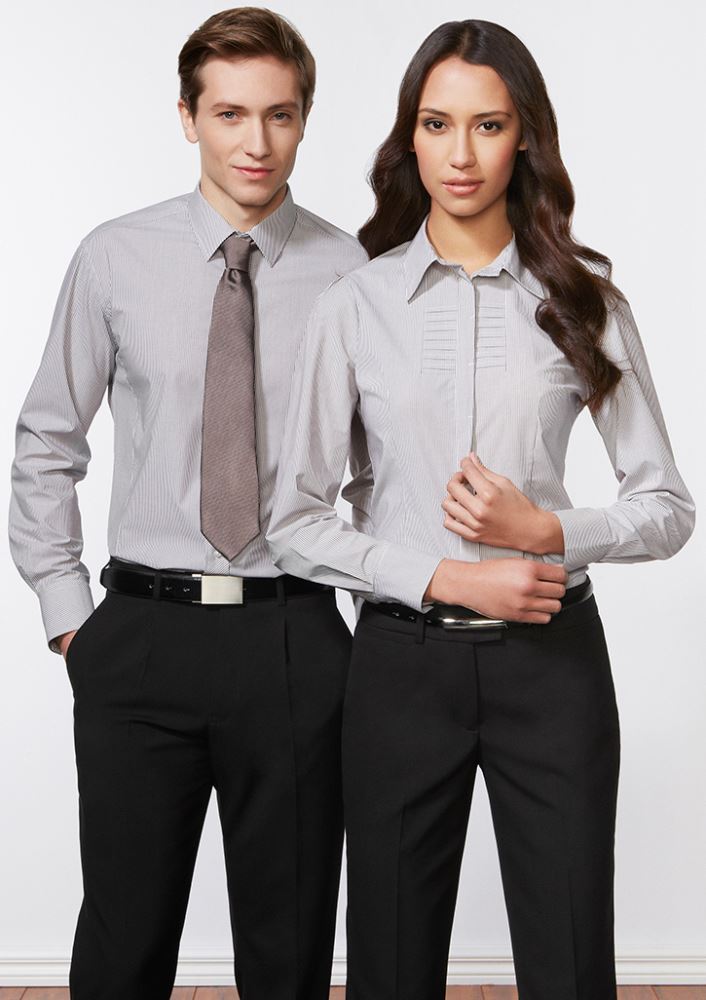 Ladies Berlin Long Sleeve Shirt in white, size 24, featuring stretch fabric, shoulder pleats, and easy-iron, wrinkle-free design.